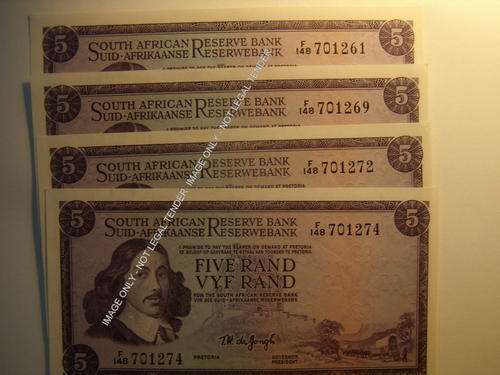 South Africa R5 TW De Jongh First Issue 5 Bank Notes Crisp UNC Prefix F Crazy R1 Start!!!