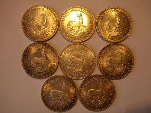 South Africa 1947 & 1948 5/- 80% Silver - 8 UNC Crowns!!! Crazy R1 Start!!!