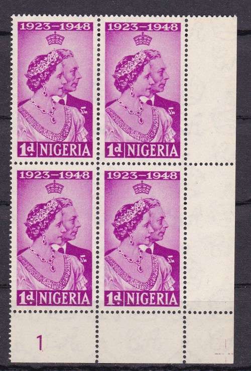 NIGERIA - 1948 - SILWER WEDDING - SUPERB BLOCKS OF 4 UMM STAMPS - 5s WITH INSCRIPTIONAL . CV R3500+