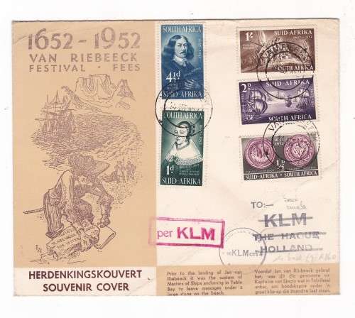 1952 - HERDENKINGSKOUVERT / SOUVENIR COVER - FROM JHB TO HOLLAND AND RETURN - AS PER SCAN