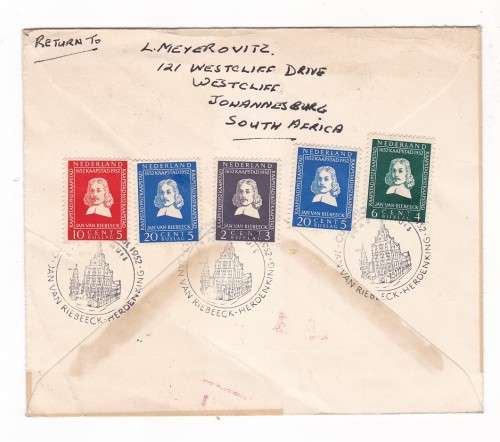 1952 - HERDENKINGSKOUVERT / SOUVENIR COVER - FROM JHB TO HOLLAND AND RETURN - AS PER SCAN