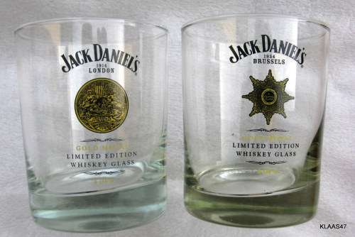 JACK DANIEL'S - GOLD MEDAL - 2 WHISKY GLASSES - LONDON (1914) & BRUSSELS (1954)