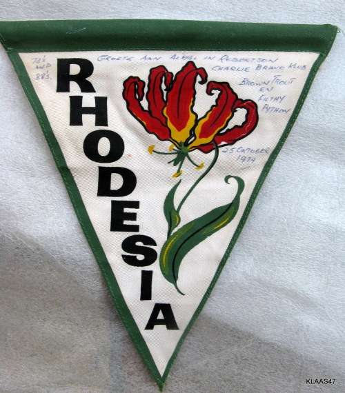 RHODESIA : PENNANT FLAG : WITH MESSAGE WRITTEN IN INK : 20.5cm ACROSS - 23cm DOWN