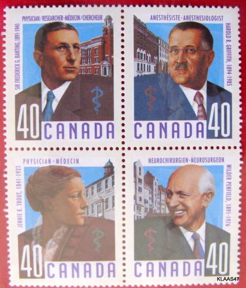 Canada Stamp #1305a - Canadian Doctors (1991) 4 x 40¢