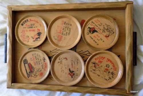SILENCE - GENIUS AT WORK : Vintage Wooden Tray and Coasters : Tray 30.5 x 21cm : 6 Coasters