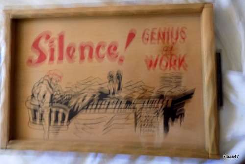 SILENCE - GENIUS AT WORK : Vintage Wooden Tray and Coasters : Tray 30.5 x 21cm : 6 Coasters