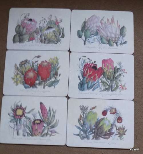 SET OF SIX PLACE MATS : PROTEAS : CORK BASE :  29.5x21cm