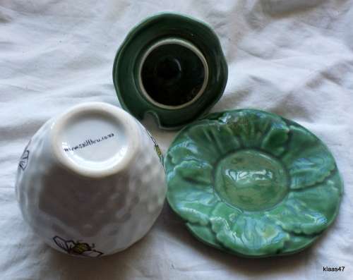 Honey Pot - 14.5cm High - Strawberry Shape on Leaf Plate - Sailthru