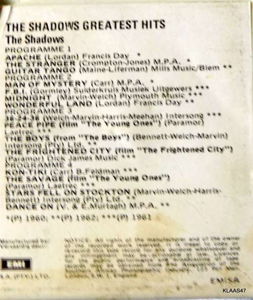 8 TRACK - THE SHADOWS GREATEST HITS - THE SHADOWS
