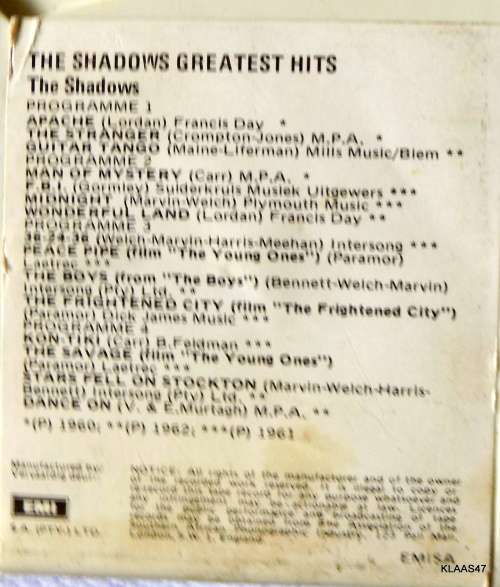 8 TRACK - THE SHADOWS GREATEST HITS - THE SHADOWS