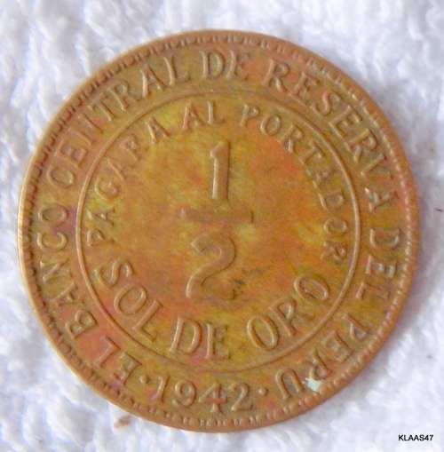 1942 1/2 SOL DE mineral EL BANCO CENTRAL DE RESERVA  COIN