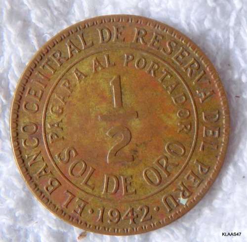 1942 1/2 SOL DE mineral EL BANCO CENTRAL DE RESERVA  COIN