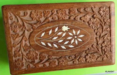 Carved Wooded Trinket Box - Bone Inlay -  - from India