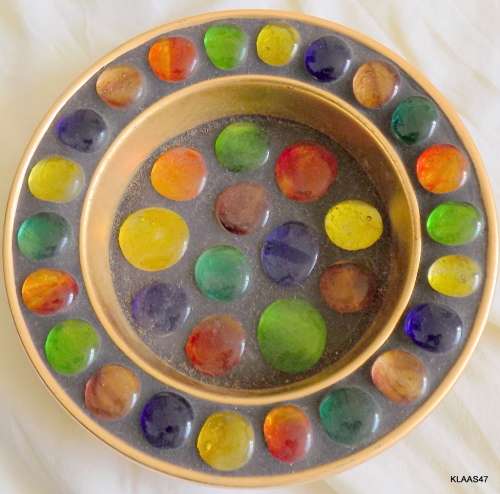 Vintage Metal Ashtray Shape Bowl with Multicolour Glass Discs set in Clay