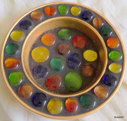 Vintage Metal Ashtray Shape Bowl with Multicolour Glass Discs set in Clay
