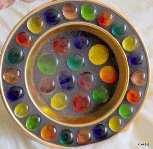 Vintage Metal Ashtray Shape Bowl with Multicolour Glass Discs set in Clay