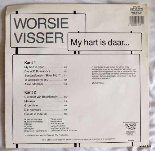LP - TRIO WVL101 - VINYL ALBUM - MY HART IS DAAR... WORSIE VISSER - 1988 - SIGNED COVER
