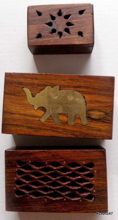 Indian design Set of 4 Small Incense Boxes - Brass Sides and  1 Trinket box Brass inlay elephant