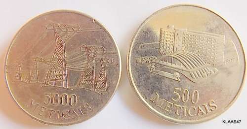 Mozambique - 500 meticais - 1994 and  5000 meticais electric line bu - 1998