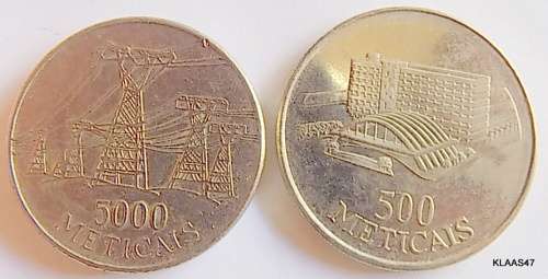 Mozambique - 500 meticais - 1994 and  5000 meticais electric line bu - 1998