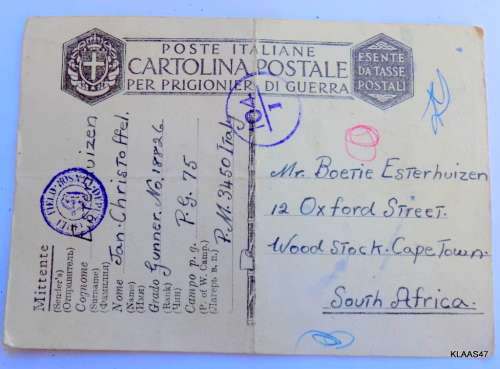 1942 Italy Prisoner of War POW Camp Postcard Cover to Cape Town South Africa