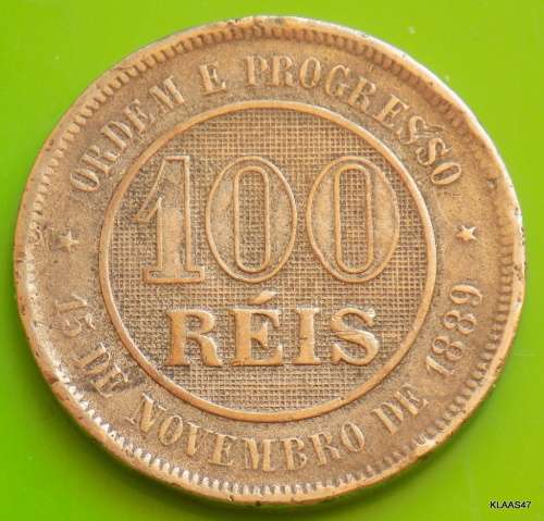 1889 Brazil 100 Reis Copper Nickel (Republic of the United States of Brazil (1889-1967)