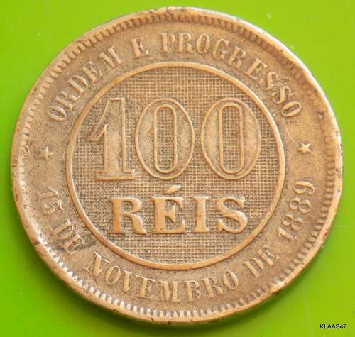 1889 Brazil 100 Reis Copper Nickel (Republic of the United States of Brazil (1889-1967)