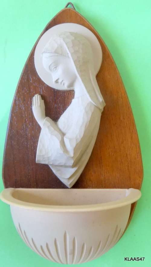 Vintage - Wooden back Wall Hanging Holy Water Font - Virgin Mary - 14.4cm Long 8cm Wide