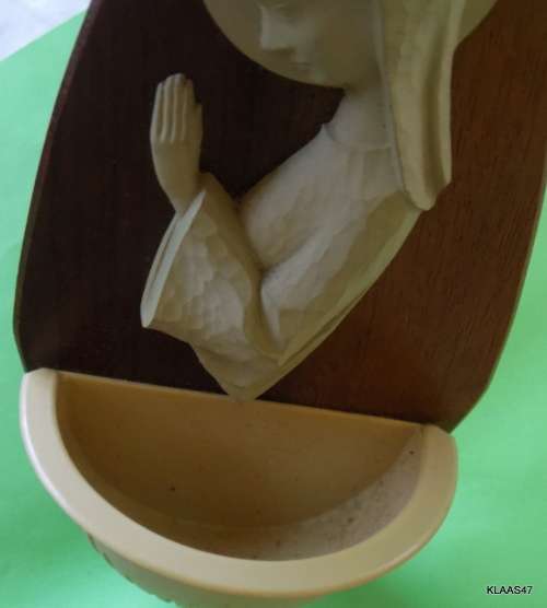 Vintage - Wooden back Wall Hanging Holy Water Font - Virgin Mary - 14.4cm Long 8cm Wide