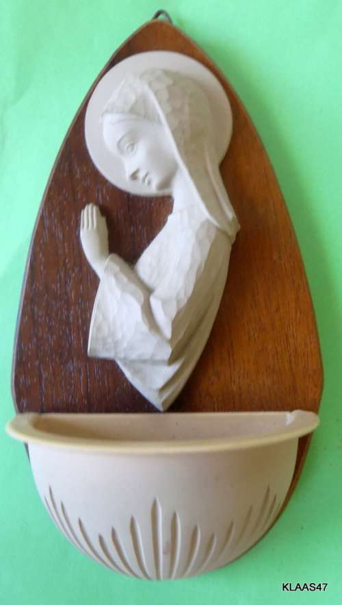 Vintage - Wooden back Wall Hanging Holy Water Font - Virgin Mary - 14.4cm Long 8cm Wide