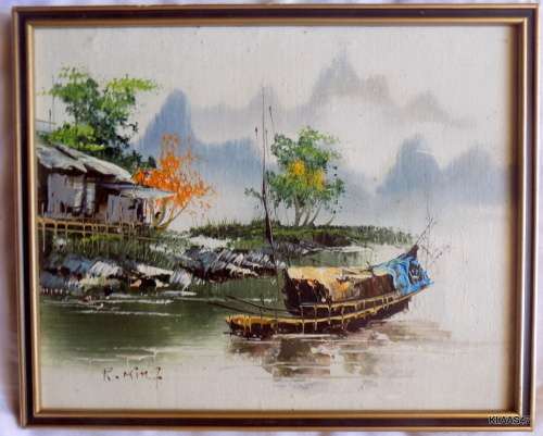 Boat on the River - Oil painting - cant read signature - Framed size 26.5x21.5cm