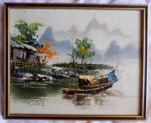 Boat on the River - Oil painting - cant read signature - Framed size 26.5x21.5cm