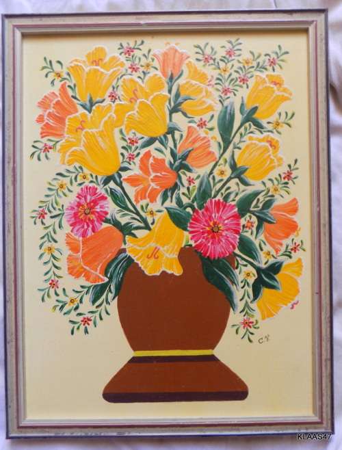 Vase of Flowers - Oil Painting - Signed C.V. (Stamped on back C.J.Viljoen) Framed size 26.2x34.2cm