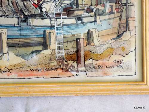 Boats at Laaiplek - West Coast - 2003 - Victor - Ink drawing and watercolour Framed size 32x23.4cm