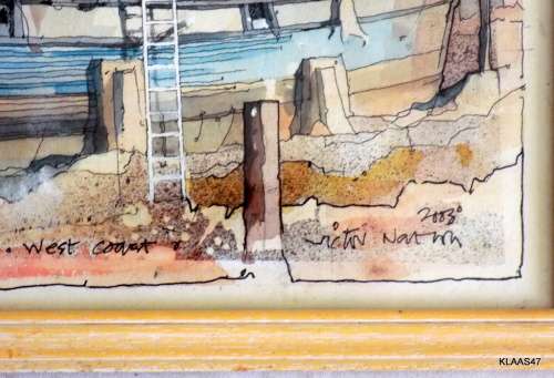 Boats at Laaiplek - West Coast - 2003 - Victor - Ink drawing and watercolour Framed size 32x23.4cm