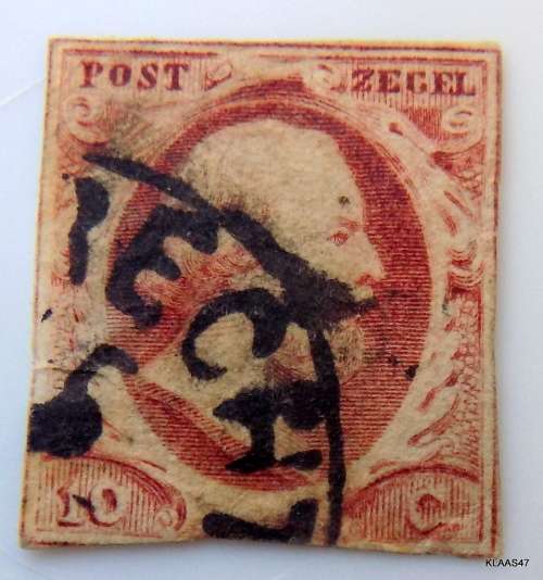 NETHERLANDS 1852 (No 2) Used- Imperforate. Poor margins, is cut into at bottom. Paper thinning back.