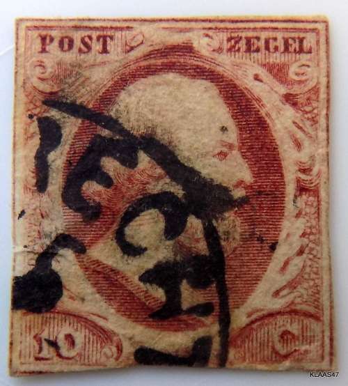 NETHERLANDS 1852 (No 2) Used- Imperforate. Poor margins, is cut into at bottom. Paper thinning back.