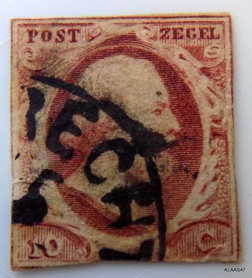 NETHERLANDS 1852 (No 2) Used- Imperforate. Poor margins, is cut into at bottom. Paper thinning back.