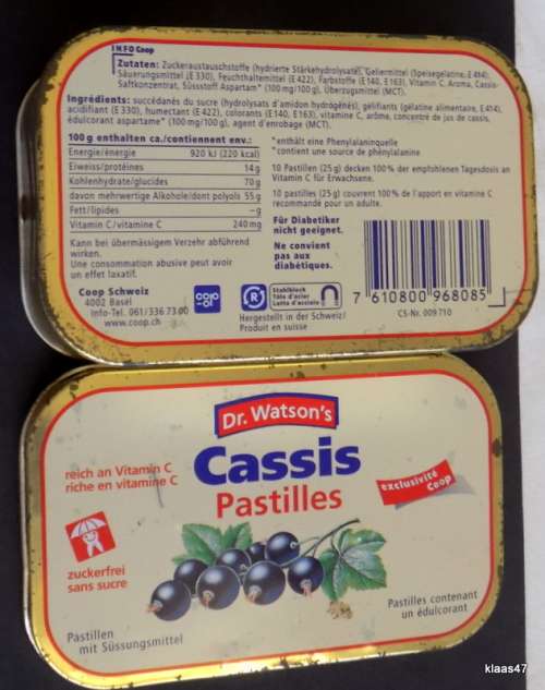 Dr Watson`s - Cassis Pastilles - Coop Schweiz, Basel - Empty Tin