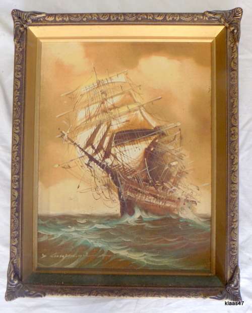 Tall Ship - Oil on board - Signed - Framed size 39x49cm - painting 35x45