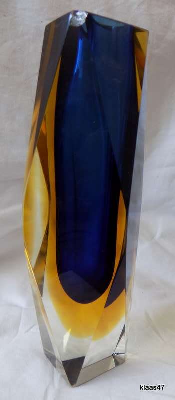 Heavy Blue and Amber Glass Vase - Geometric design  See chip.