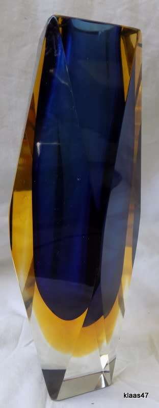 Heavy Blue and Amber Glass Vase - Geometric design  See chip.