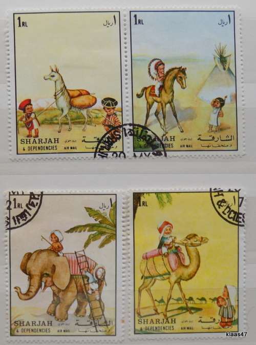Sharjah - 1972 - Children Around the World - Set of 4 cancelled hinged stamps