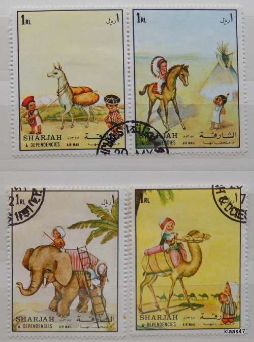 Sharjah - 1972 - Children Around the World - Set of 4 cancelled hinged stamps