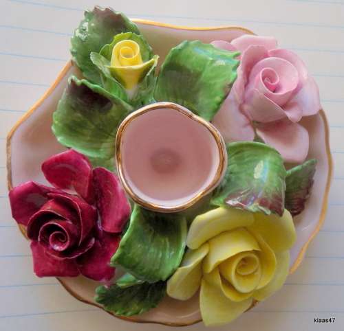 Vintage - Denton China - England - Flower Bouquet Candle Holder. 9cm diameter base.