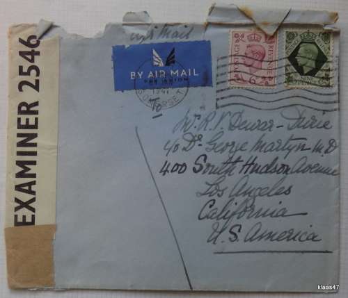 Censored Mail - 1941 - From Bath, Enland to California, USA - Examiner 2546