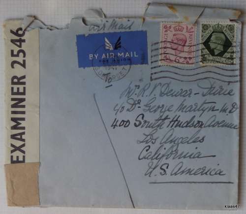 Censored Mail - 1941 - From Bath, Enland to California, USA - Examiner 2546