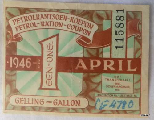 Petrol Ration Coupon - 115881 - 1 Gallon - 1946 April - (Car Registration CG4780)