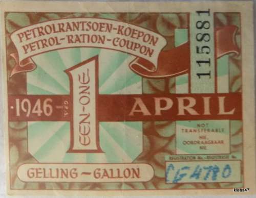 Petrol Ration Coupon - 115881 - 1 Gallon - 1946 April - (Car Registration CG4780)