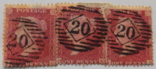GB - One Penny - Red - Three Used stamps still on paper.